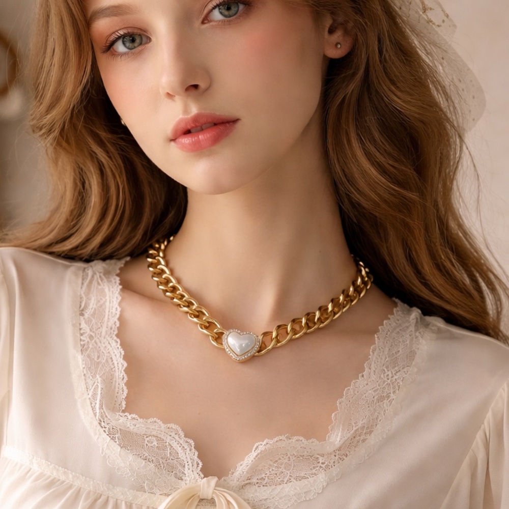 Gold Pearl Heart Zirconia Cuban Link Chain Statement Necklace